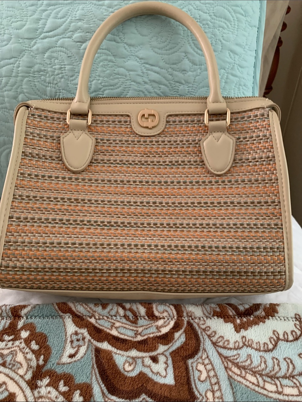 Beige Woven Straw Satchel Handbag